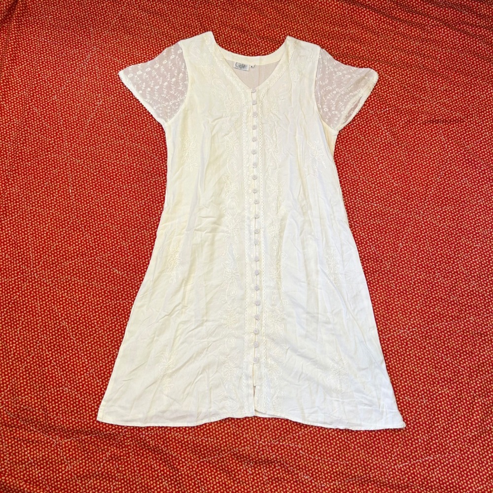 Vintage 90s C.C. Line Cream Embroidered Button Front Dress Sheer Lace Medium